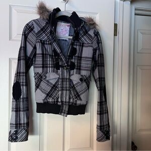 dear ab Y2K Women's XS plaid wool/poly plaid bomber with hood